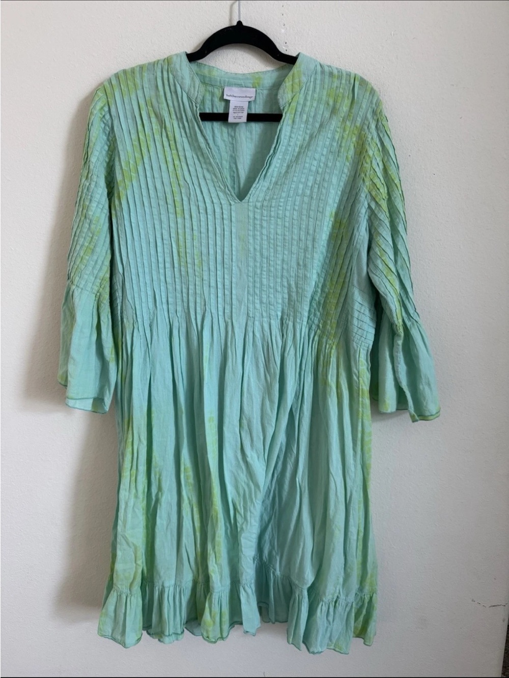 Soft Surroundings Cotton Blue Green Tie Dye Boho Knee Length Summer Dress L